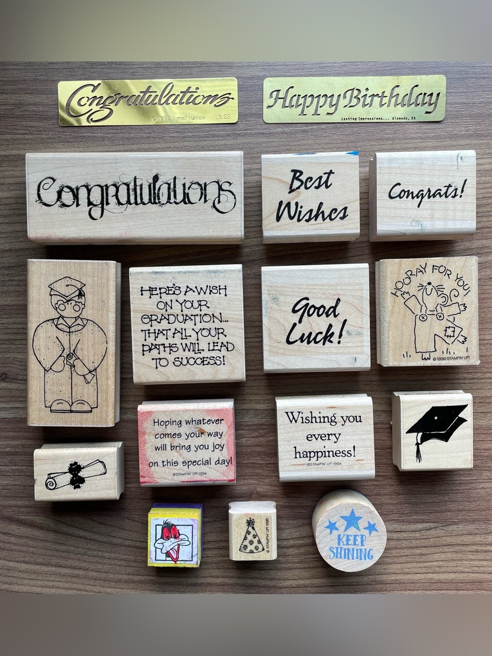 Vintage Stampin Up Wooden Stamp Lot - Milestone Celebration Graduation